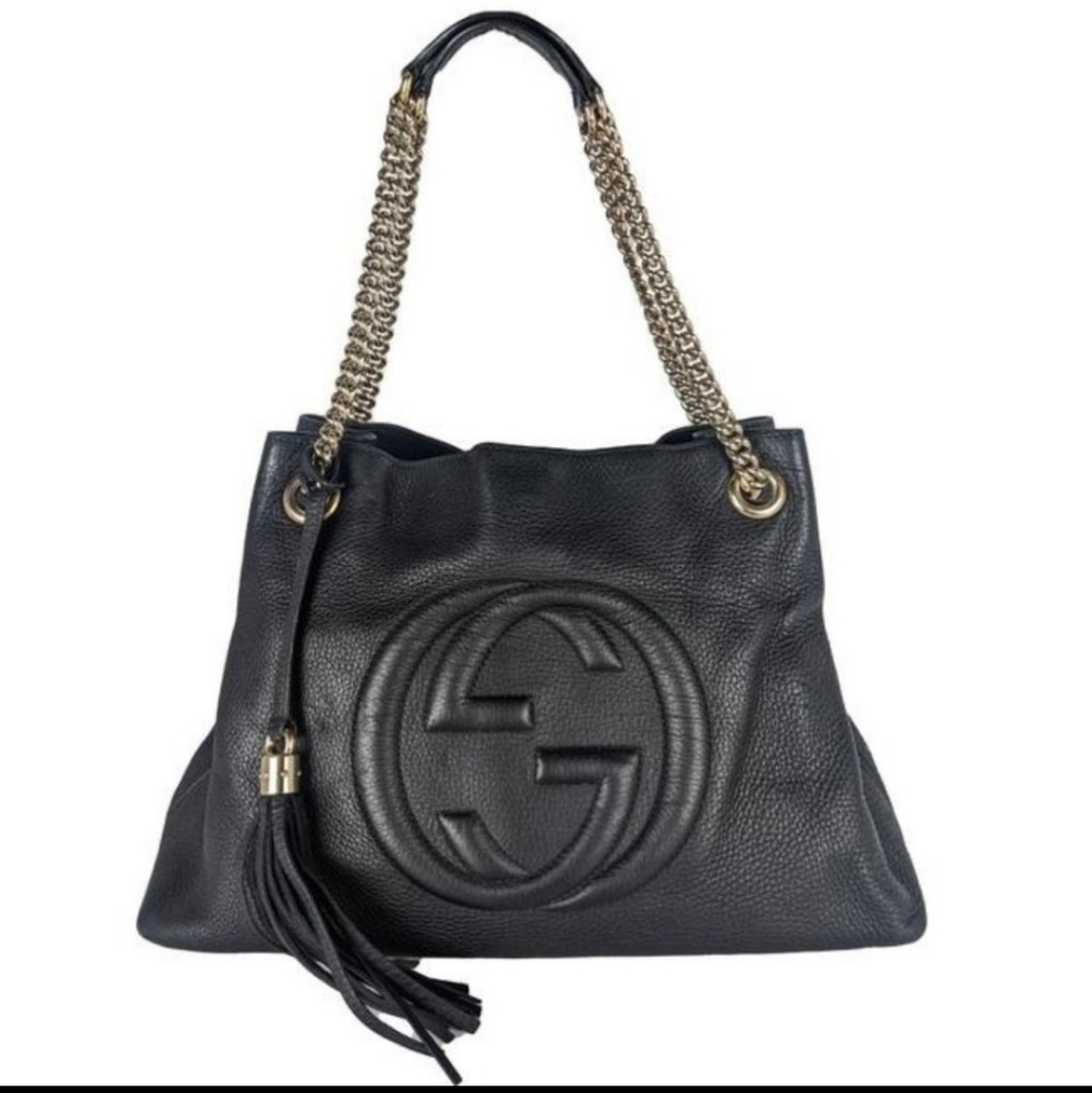 💕Gucci Black Cellarius GG Logo Leather Soho Satchel Chain Handbag💕 - Picture 1 of 11